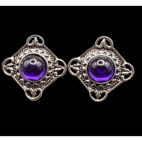 Vintage 80s Silver Blue Purple Faux Cabochon Tone Clip-On Earrings Lot 4 Pairs - Picture 6 of 13